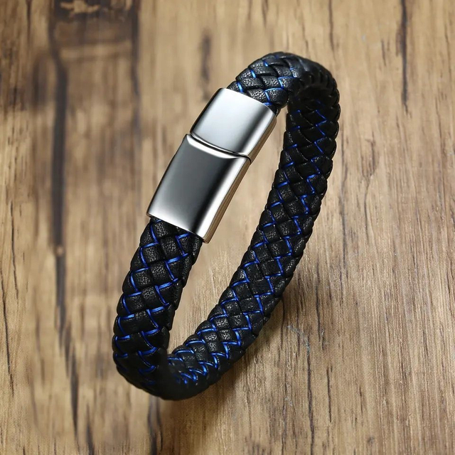New Trend Simple Men′ S Business Blue Leather Bracelet Engravable Stainless Steel Leather Bracelet for Couple