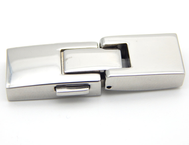 New China Shiny Steel Color Interlocking Button Leather Cord Bracelets Clasp with 9X3.5mm Flat Square Hole