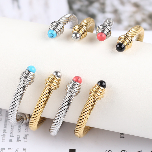 Fashion Stainless Steel Women Girls Jewelry Gift C Open Natural Stone Twisted Cable Cuff Bangle Bracelets