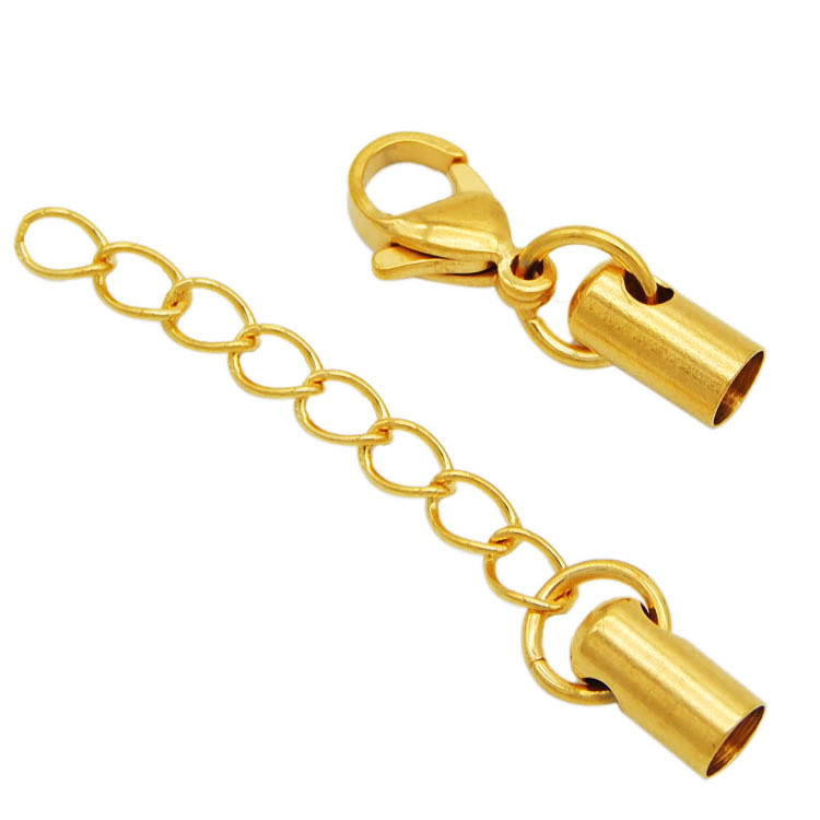 Gold Plated Leather Cord End Caps Lobster Clasp with Extend Chain for Jewelry Making