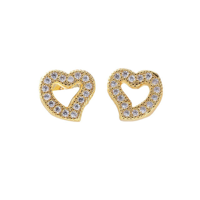 18K Gold Full Zircon Love Heart Shape Design Copper Stud Earrings for Women