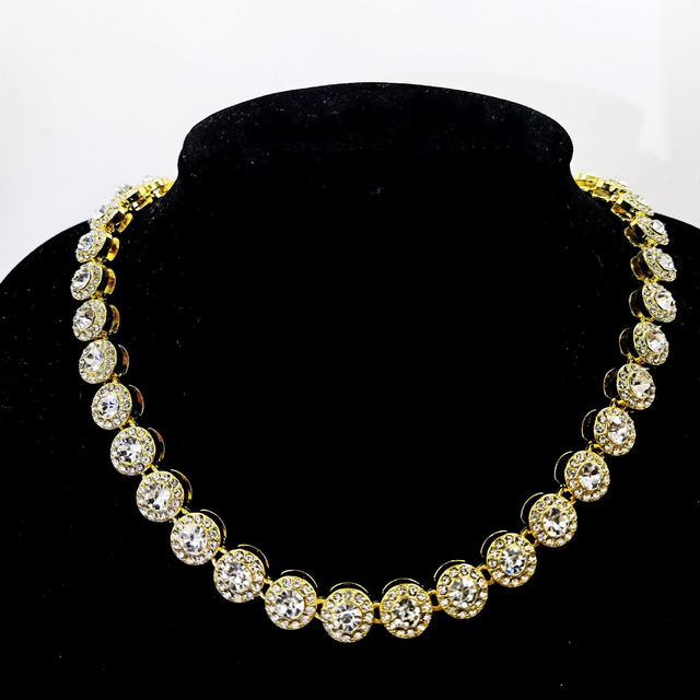 Hip Hop Fashion Men Round Miami Cuban Hand Jewelry Necklace 10mm Rhinestone Zinc Alloy Gold Plated Crystal Bling Chains