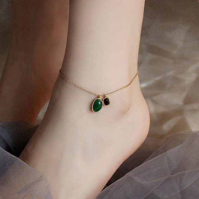 Stainless Steel Jewelry Gold Plated Jade Green Charms Lucky Statement Charm Anklet for Women Titanium Jewelry
