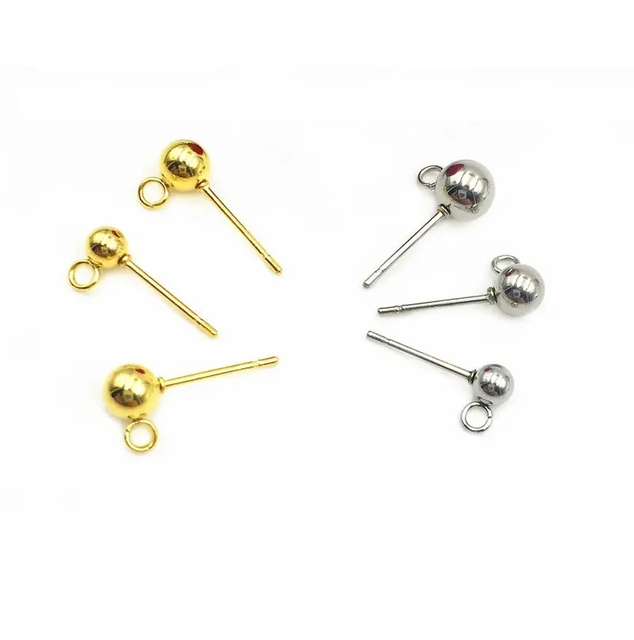 Wholesale Stainless Steel Gold Plated Earring Backs Post Ear Stud Pin Ball with Loop for Jewelry Making DIY Finding