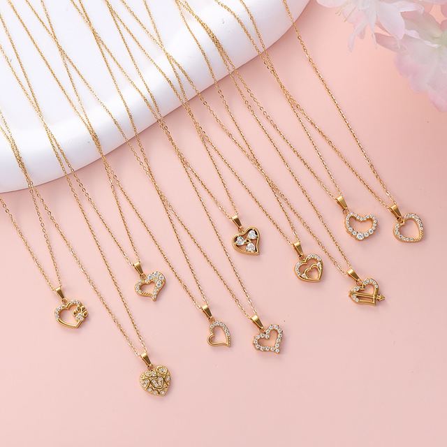 European and American Jewelry 18K Gold Round Cut Cubic Zirconia Diamond Heart Necklace