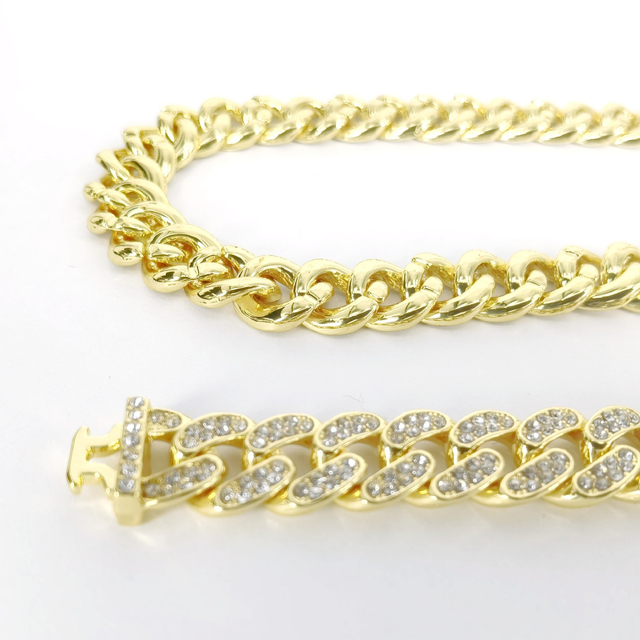 Hip Hop Gold Plated Pull Diamond Chunky Cuban Chain Necklace Bracelet No Fade Stainless Steel Miami Cuban Link Chain Jewelry Set