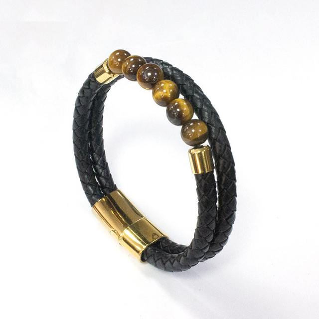 Fashion Lava Stone Stainless Steel Buckle Tiger Eye Beaded Leather Bracelet Men