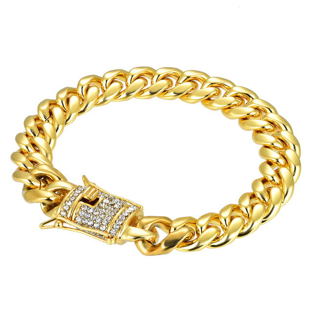10/14mm Stainless Steel Cuban Chain Hip Hop Bracelet Diamond Spring Buckle Gold Steel Color Bracelet