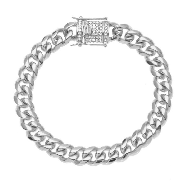 10/14mm Stainless Steel Cuban Chain Hip Hop Bracelet Diamond Spring Buckle Gold Steel Color Bracelet