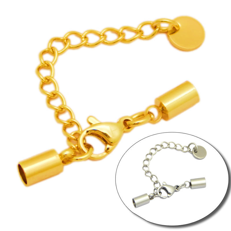 Stainless Steel Adjustment Extender Chain Tube Ends Caps Lobster Clasp for Leather Cord Bracelet