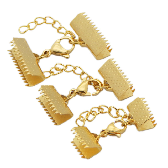 Jewelry Accessory Gold Textured Cord Ends Caps with Lobster Claw Clasp and Extender Chains 6.5/8.5/10/10.5/13mm