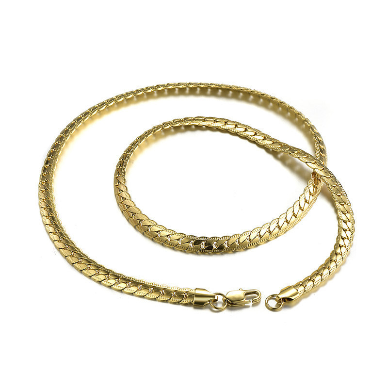 Fashion Stainless Steel 18K Gold Plated 5mm Side Embossed Snake Chain Necklace for Women and Men