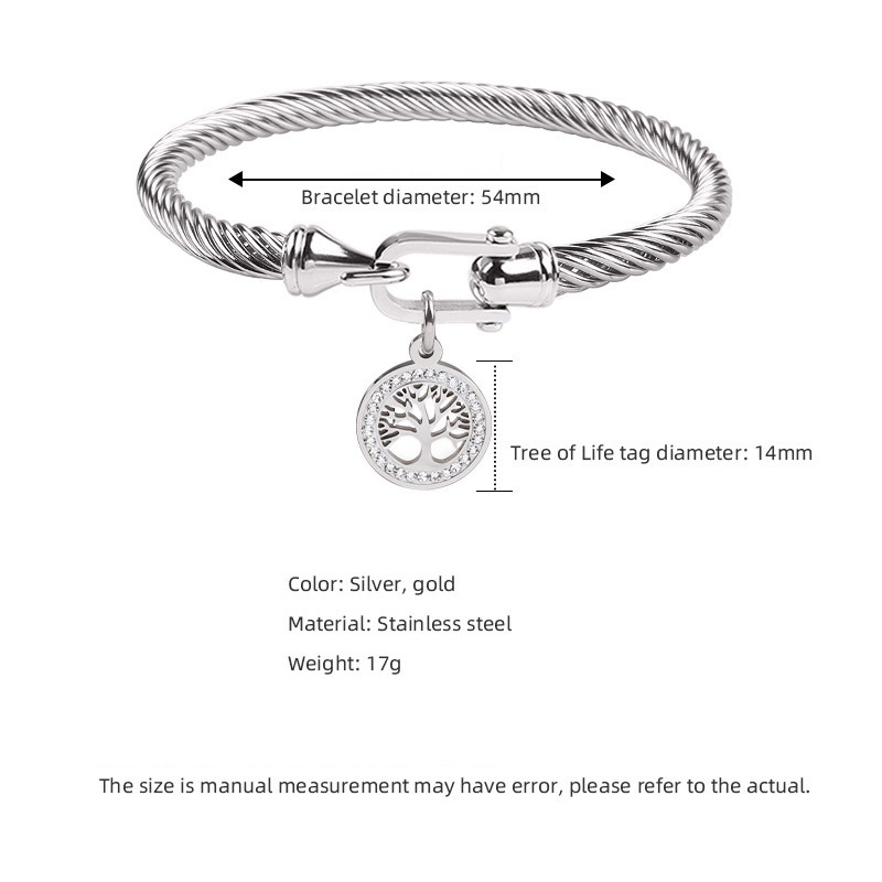 Custom Logo Cable Twisted Stainless Steel Bracelet with Diamond-Encrusted Tree of Life Pendant for Man and Women