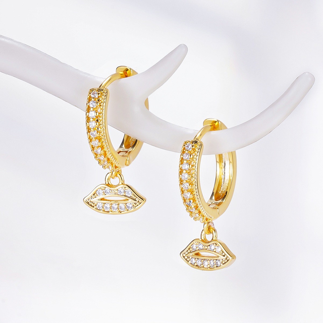 Lips Shape Fashion Design Drop Earrings 18K Gold Plated Colorful Zircon Fine Jewelry Earrings for Women