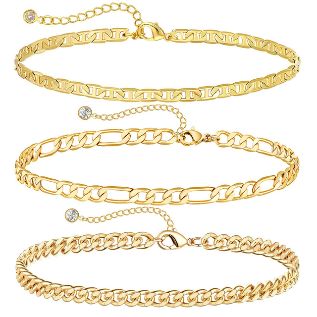 Summer Fashion 3PCS Gold Beaded Snake Figaro Chain Anklet Set Leg Foot Jewelry 14K Gold Foot Chain Ankle Bracelet for Women