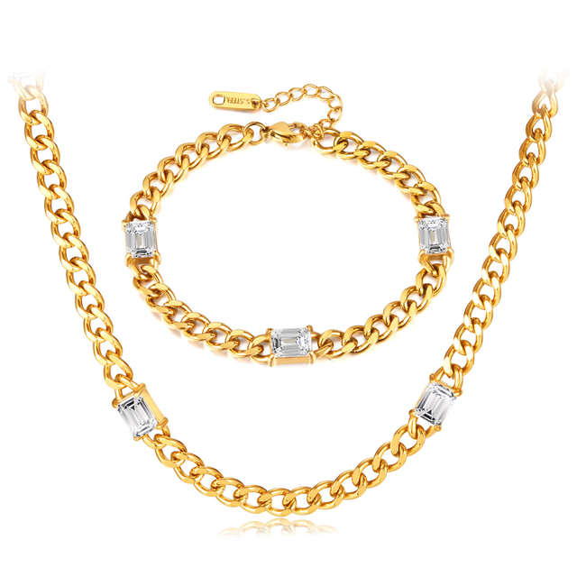 High Quality Hip Hop Fashion Women Zirconia Bracelet Necklace Wholesale Gold Plated Stainless Steel Jewellery Necklace Set