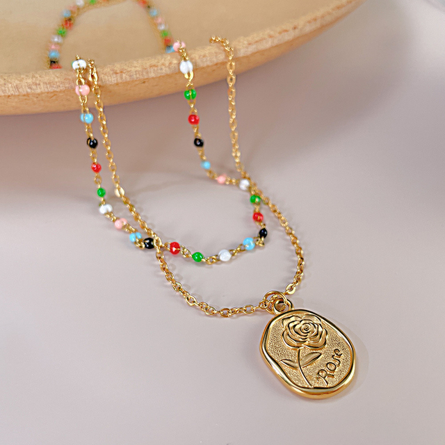 Wholesale Fashion Cute Floral Pattern Double Layer Colorful Beaded 18K Gold Plated Stainless Steel Necklace for Women