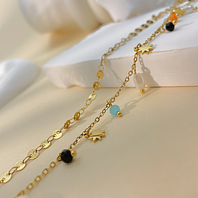Double Chains Necklace with Many Colorful Pendant Stainless Steel 18K Gold Plated Necklaces for Women