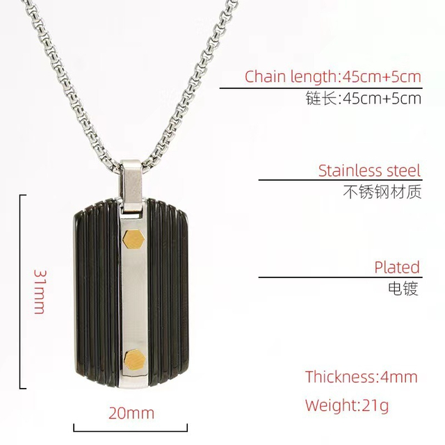 New Design PVD Gold Black Plated 316L Stainless Steel Rectangle Pendant Necklace for Men