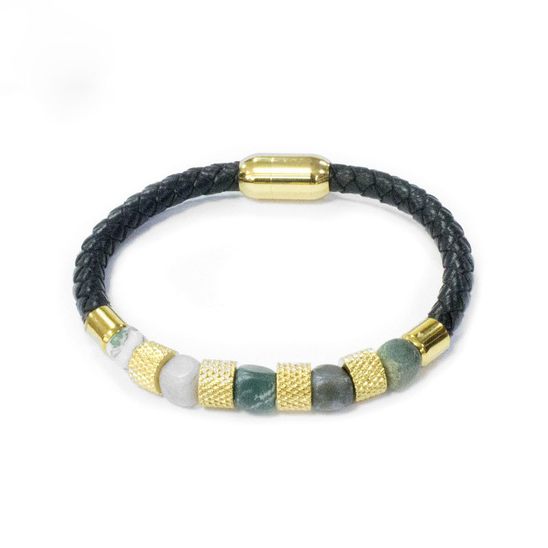 Women′s Vintage Stainless Steel Lock 18K Gold Plated High End Woven Leather Bracelet Colorful Beaded Bracelet