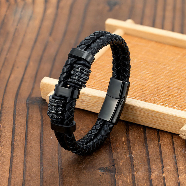 European Fashion Men′s Handmade Black Leather Wrap Bracelet Gold Plated Stainless Steel Magnetic Clasp Braided Leather Bracelet