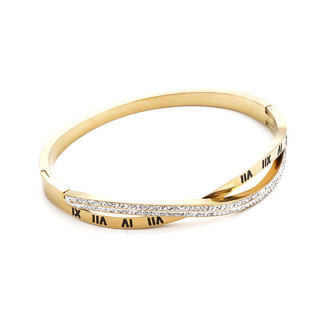 Crossover Design Zircon Inlaid New Design Bracelet Roman Numeral Bangle 18K Gold Plated Women