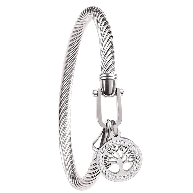 Custom Logo Cable Twisted Stainless Steel Bracelet with Diamond-Encrusted Tree of Life Pendant for Man and Women