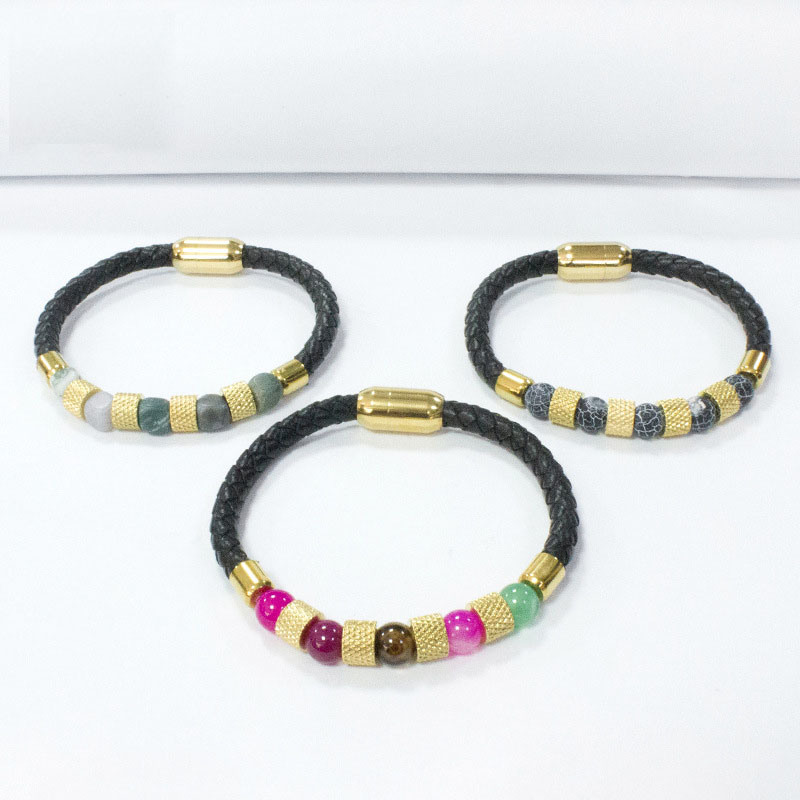 Women′s Vintage Stainless Steel Lock 18K Gold Plated High End Woven Leather Bracelet Colorful Beaded Bracelet