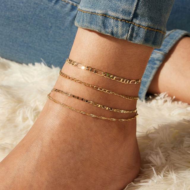 New Arrival 4PCS Multilayer Alloy Anklet for Women Summer Beach Creative Retro Simple Chain Foot Ornament Gold Color Jewelry