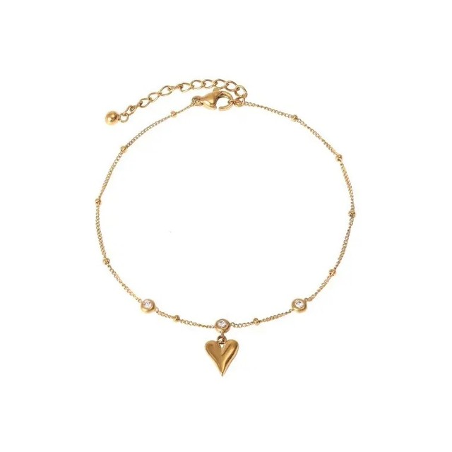 Wholesale Waterproof Stainless Steel Jewelry 18K Gold Plated Cubic Zirconia Bead Link Chain Heart Shape Charm Anklet for Women