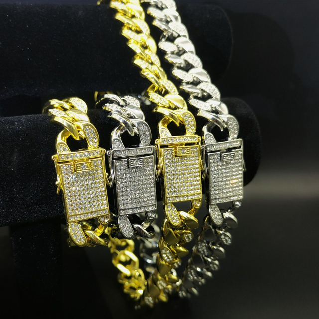 Hip Hop 18K Gold Plated Diamond Iced out Miami Cuban Link Chain Men Necklace