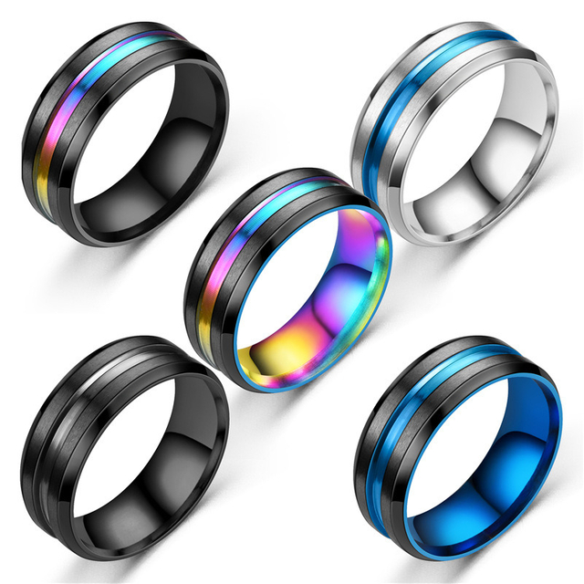8mm Fashion Creative Colorful Stainless Steel Bevel Rings Matt Groove Matt Groove Ring Jewelry