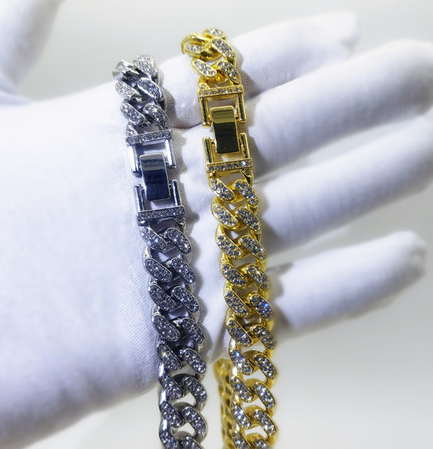 Hip Hop Jewelry 13mm White Gold Plated Diamond Cuban Link Chain Bracelet Necklace