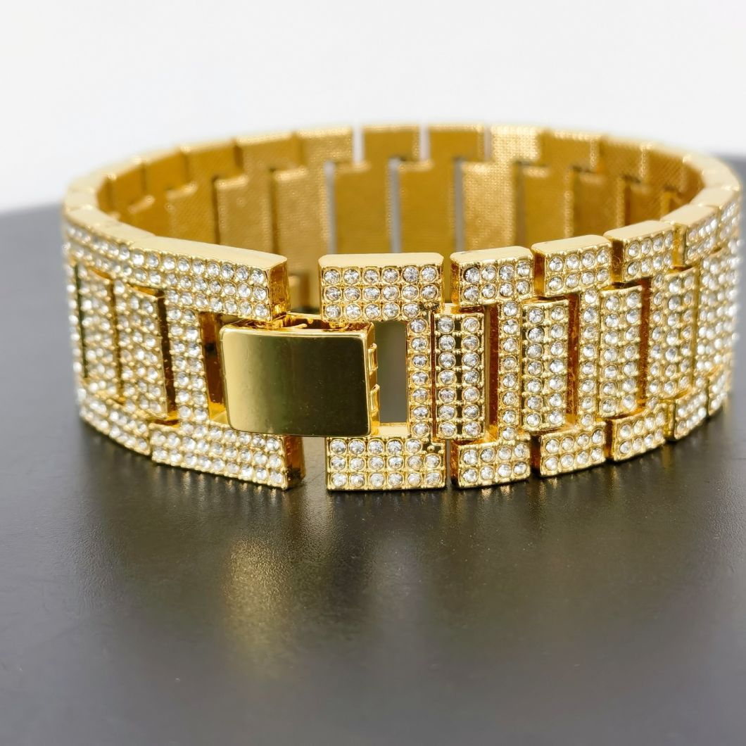 Alloy Hip-Hop 21mm Rhinestone Gold Silver Bracelet Watch Chain Bracelet for Men and Women