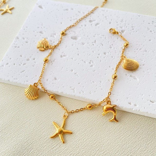 Hot Sale 18K Gold Filled Beach Titanium Steel Jewelry Fashion Boho Starfish Shell Charms Stainless Steel Ankle Chains for Lady