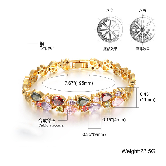 Hot Selling Retro Colorful Crystal Gold Plated Jewelry Bracelet in Europe and America Valentine′s Day Gift Fashion Retro Bracelet
