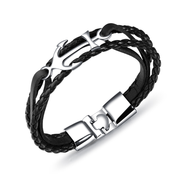 Wholesale Vintage Mens Anchor Multi Layer Wide Wrap Black Leather Bracelet for Men