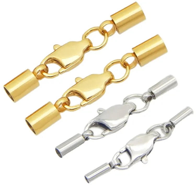 1.2 mm 1.5 mm 2.5 mm Stainless Steel End Caps with Lobster Claw Clasp and Extention Chain for Leather Cord DIY Jewelry Finding