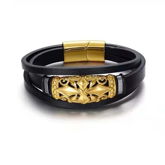European and American 316L Stainless Steel Cross Pattern Hollow Square Leather Magnetic Charm Bracelet for Men