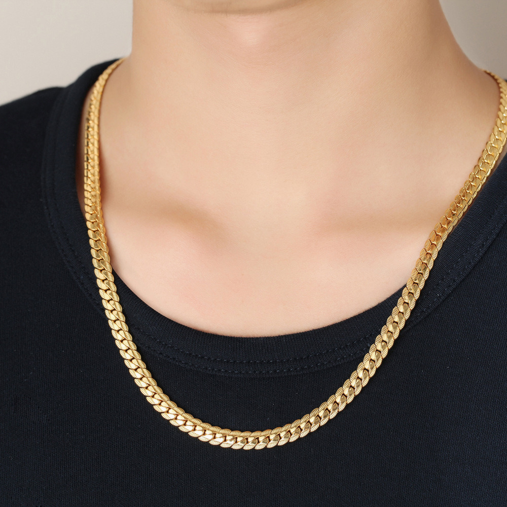 Fashion Stainless Steel 18K Gold Plated 5mm Side Embossed Snake Chain Necklace for Women and Men
