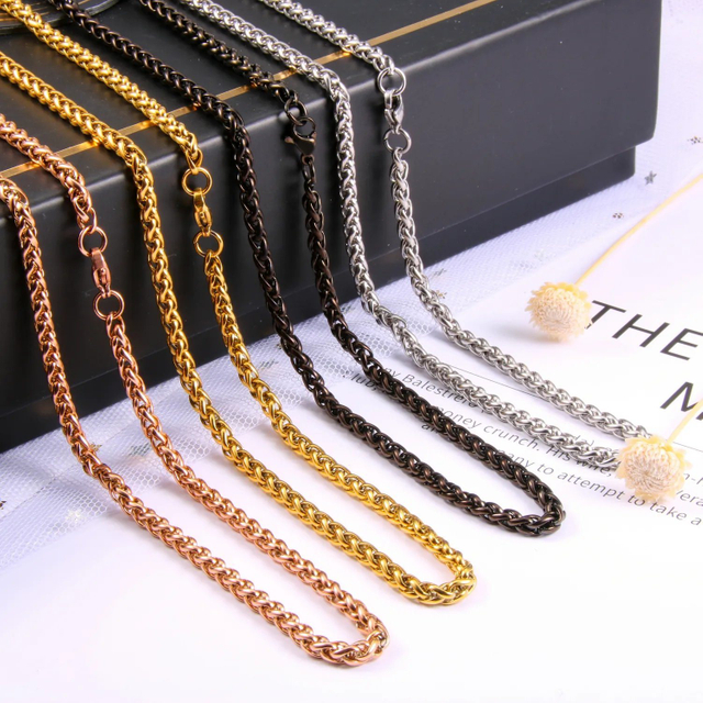 Gold PVD Plated Stainless Steel 3/4/5/6/7mm Keel Chain Flower Basket Chain Necklace Wheat Chain for Men