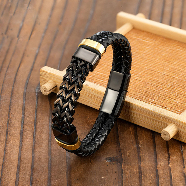 Punk Bangle Fashion Simple Stainless Steel Charms Magnetic Clasp Leather Bracelet for Men