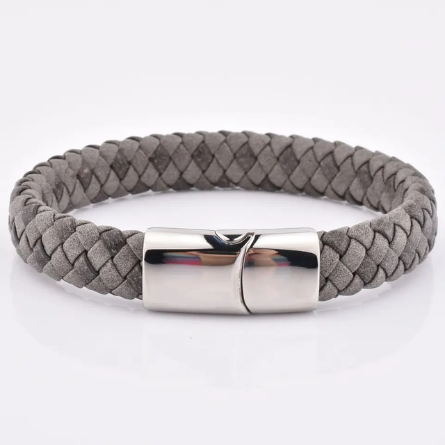 Unique Braid Leather Bracelet Grey Leather Stainless Steel Custom Logo Clasp Bracelet