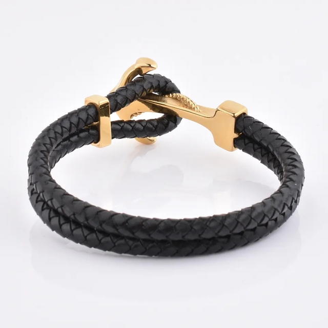 Fashion Jewelry Braided Black Leather Bracelet Golden Anchor Charms Leather Bracelet
