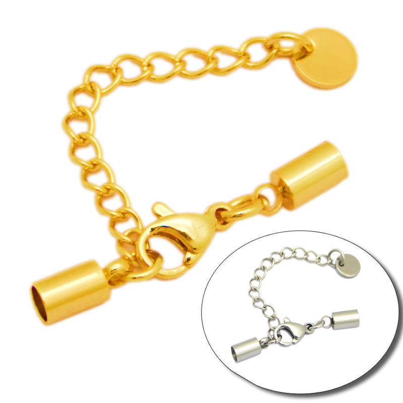 Stainless Steel Adjustment Extender Chain Tube Ends Caps Lobster Clasp for Leather Cord Bracelet