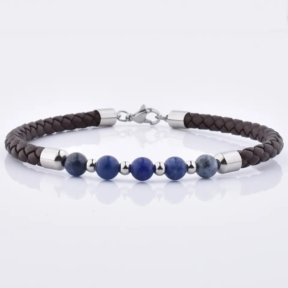 Men 6mm Lava Natural Gemstone Bead Stainless Steel Clasp Black Leather Bracelet