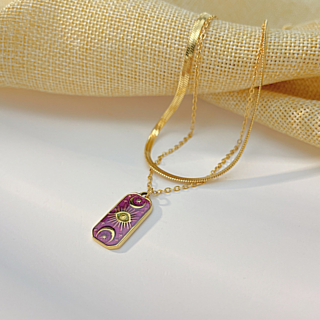 Vintage Stainless Steel Jewelry Star Moon Devil′s Eye Pendant Snake Chain Double Layered Dripping Oil Necklace