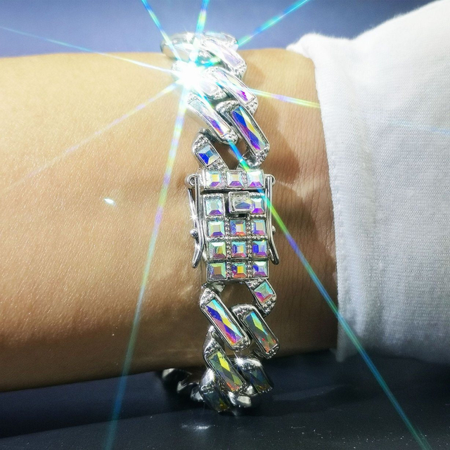 Hip Hop Cuban Chain Rhinestone Bracelet Ab Colored Glass Necklace for Men and Women