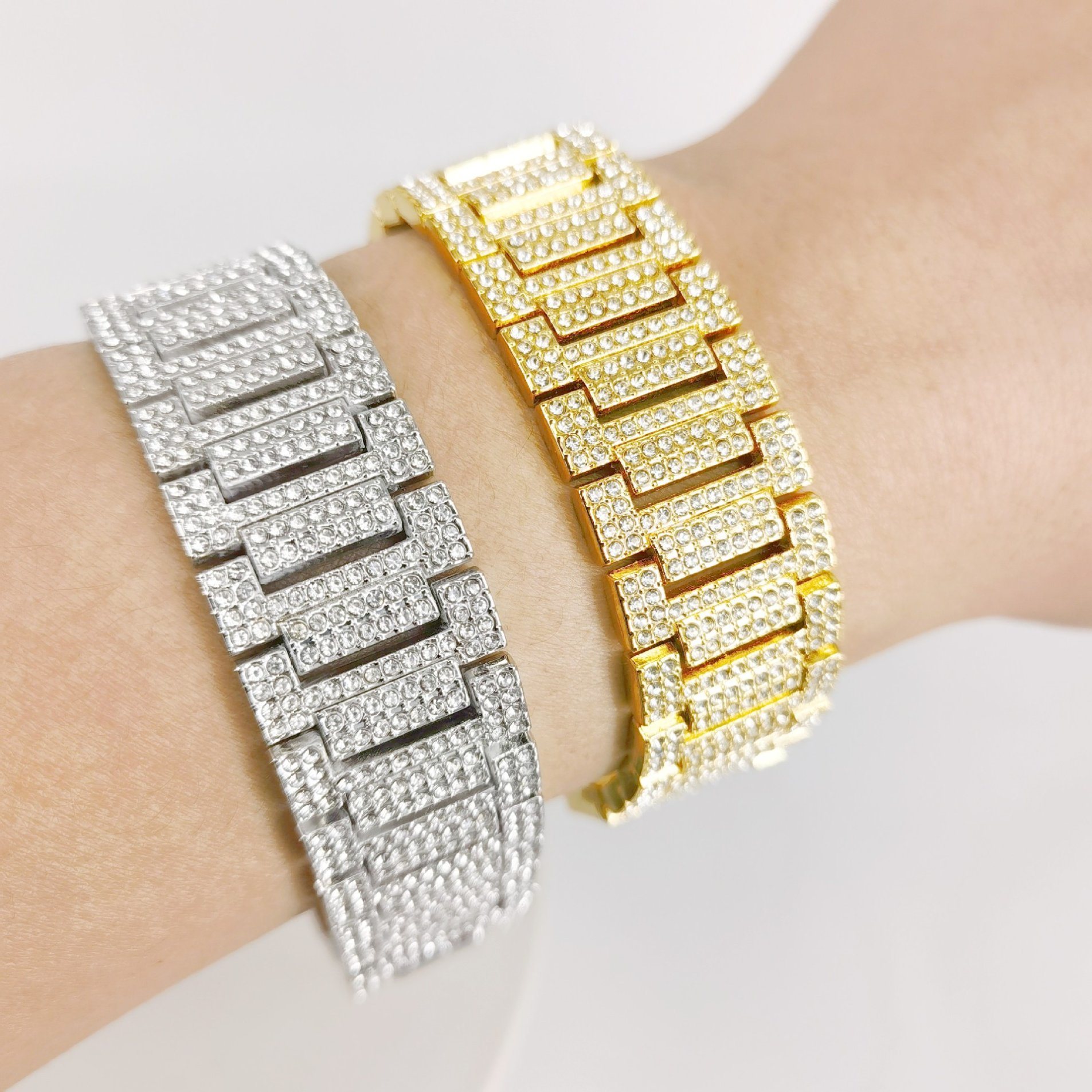 Alloy Hip-Hop 21mm Rhinestone Gold Silver Bracelet Watch Chain Bracelet for Men and Women