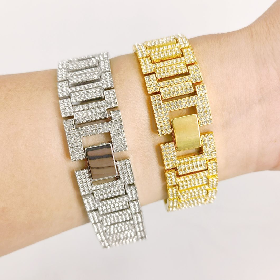 Alloy Hip-Hop 21mm Rhinestone Gold Silver Bracelet Watch Chain Bracelet for Men and Women